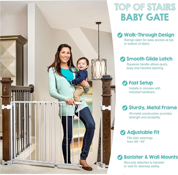 Regalo Safety 29-43" Top of Stairs Baby Gate, Extra Wide Baby Gate, Extra Wide Hardware Mounted Stair Gate with Banister & Wall Mount Kit, Walk-Through Safety Gate with Door for Toddlers & Pets