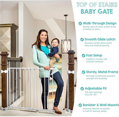 Regalo Safety 29-43" Top of Stairs Baby Gate, Extra Wide Baby Gate, Extra Wide Hardware Mounted Stair Gate with Banister & Wall Mount Kit, Walk-Through Safety Gate with Door for Toddlers & Pets