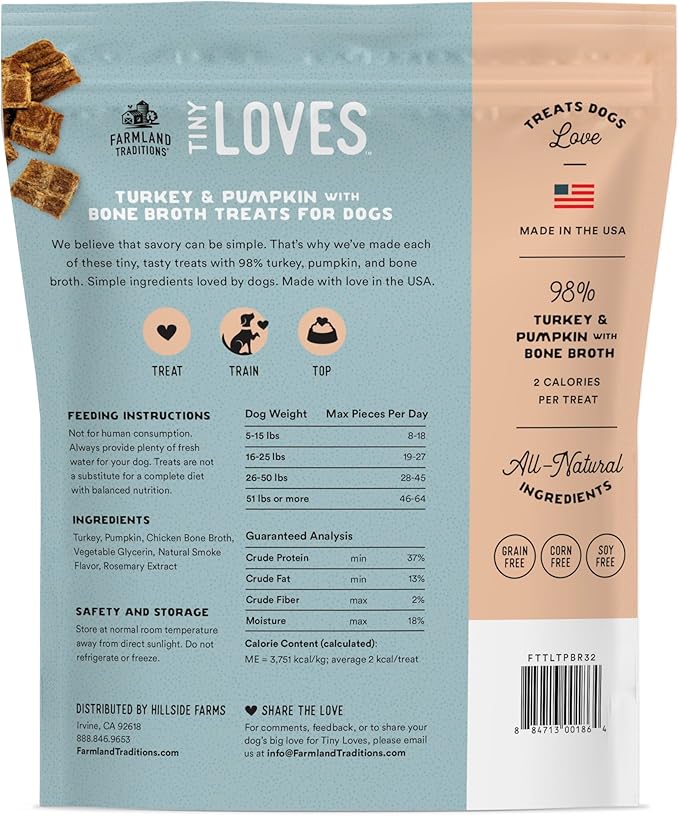 Farmland Traditions Tiny Loves Jerky Topper Trainer Treats for Dogs, Turkey & Pumpkin with Bone Broth, 2 Pound Bag