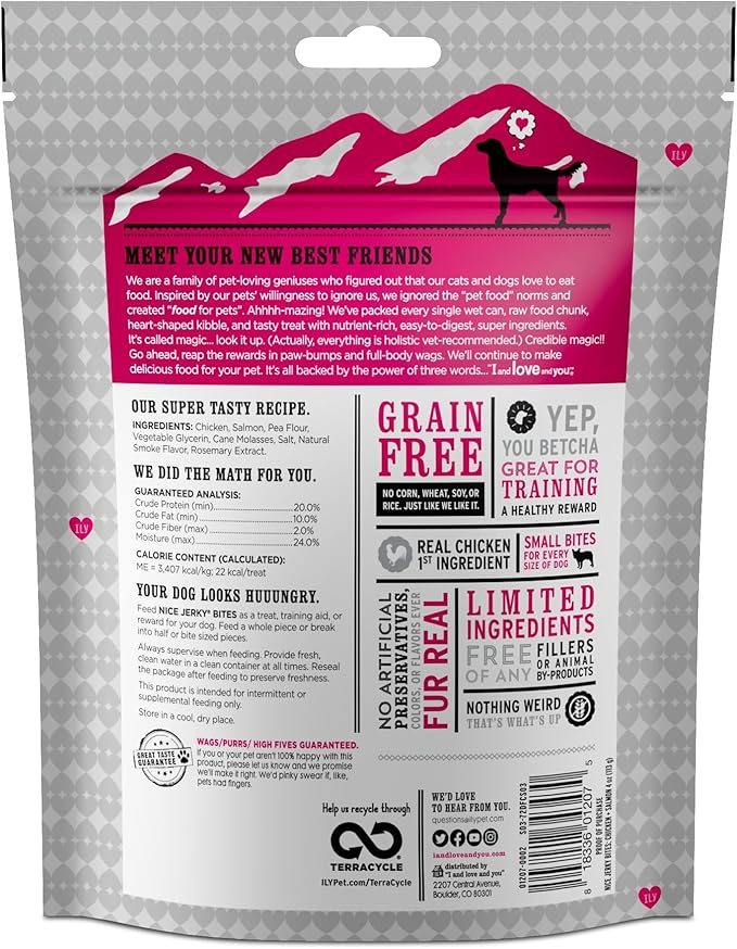 I and love and you Nice Jerky Bites - Chicken + Salmon - Grain Free, Real Beef, Training Treat, Chewy Dog Treats, Filler Free, 4oz