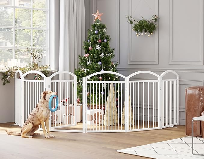 Folding No-Assembly Freestanding Dog Gate with Door,32" Heights Foldable Pet Fence,144" Extra Wide Accordion Puppy Folding Playpen for Doorways,House,Stairs (6 Panels,White)