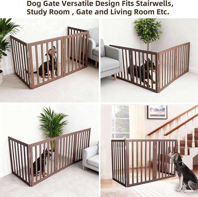 ZJSF Freestanding Indoor Dog Gate for House Foldable Wood Brown Puppy Gate for Doorways Pet Gate for Stairs Extra Wide Pet Fence 24" Height 4 Panels