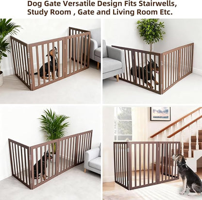 ZJSF Freestanding Indoor Dog Gate for House Foldable Wood Brown Puppy Gate for Doorways Pet Gate for Stairs Extra Wide Pet Fence 24" Height 4 Panels
