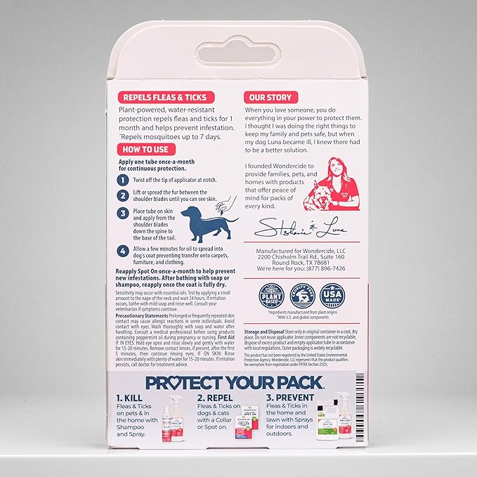 Wondercide - Flea & Tick Dog Spot On - Flea, Tick, and Mosquito Repellent, Prevention for Dogs with Natural Essential Oils - Up to 3 Months Protection - Large 3 Tubes of 0.17 oz