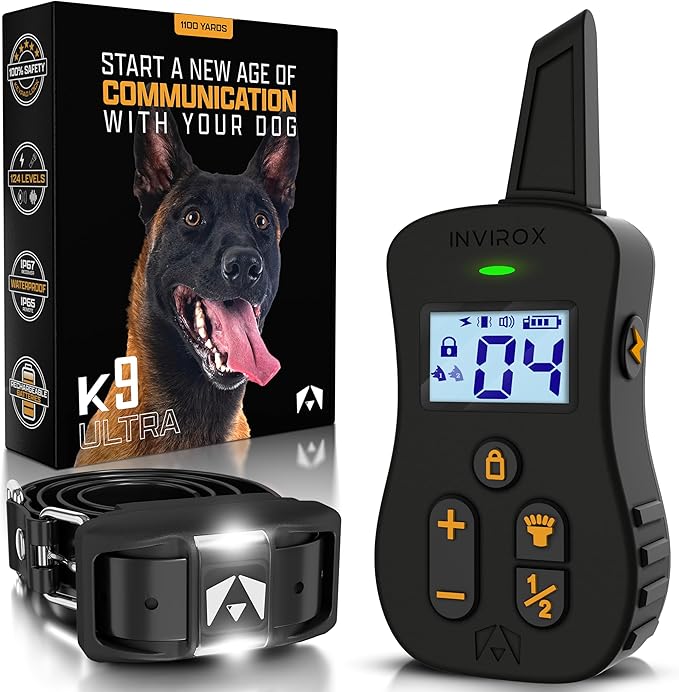 INVIROX Ultra K9 Dog Training Collar with Remote, 124 Levels for Reactive, Stubborn or Hard-to-Train Dogs, ¾ Mile Range, Night-Light Mode, Safe Communication, IP67 Waterproof E Collar for Large Dogs