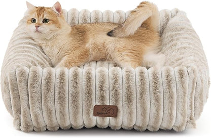 Bedsure ComfyFleece™ Cute Dog Bed for Small Dogs & Cats - Washable Furry Cat Beds, Rectangle Orthopedic Corduroy Fleece Puppy Beds with Removable Zipper Cover, 20x19x6inches, Amphora
