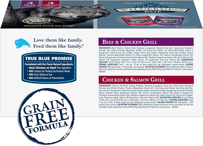 Blue Buffalo Wilderness High Protein Beef and Chicken & Salmon and Chicken Wet Dog Food Variety Pack for Adult Dogs,Grain-Free,12.5 oz Cans,(Pack of 12)