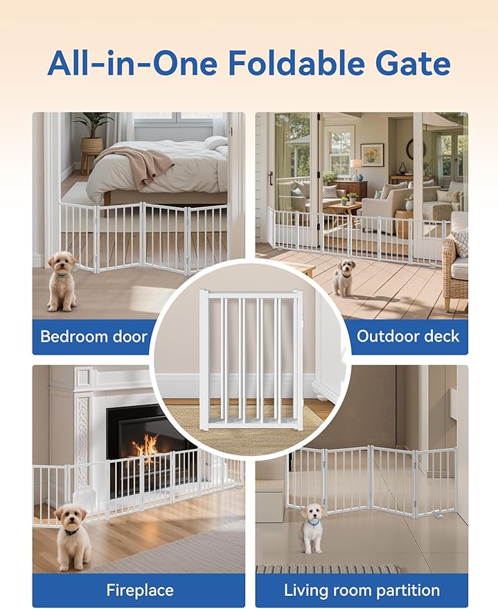 BFNN Free Standing Foldable Dog Gate, 16.5" High Step-Over Metal Short Pet Gate, Up to 96" Wide Puppy Fence for Stairs and Doorways, Indoor & Outdoor Use, No Drilling and No Assembly, White