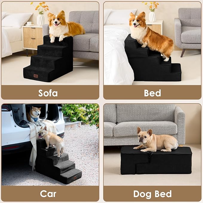 EHEYCIGA Dog Stairs for Small Dogs 13.5" H, 3-Step Dog Steps for Couch Sofa and Chair, Pet Steps for Medium Cats, Non-Slip Balanced Pet Ramp Indoor, Black