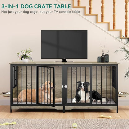 YITAHOME 71" Double Dog Crate Furniture with Divider, Wooden Large Dog Kennel with Flip-Top&4 Rotatable Bowls&2 Cushions, Dog Crate Furniture TV Stand for Medium Large Dogs, Grey