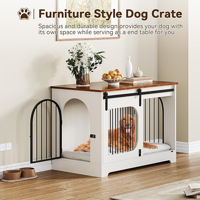 Dog Crate Furniture, 39.4 in Dog Kennel for Dogs Up to 70 LB, with Bed Mat, Heavy-Duty Dog Cage End Table, Three Doors Dog House, White/Brown