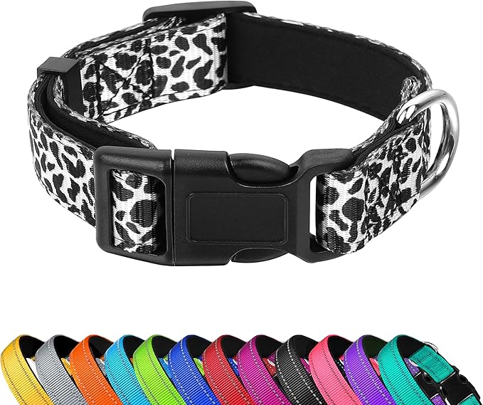 Reflective Dog Collar, Adjustable Soft Neoprene Padded Nylon Pet Collars with Buckle for Puppy and Small Dogs, Cats, Black White Cow,XL