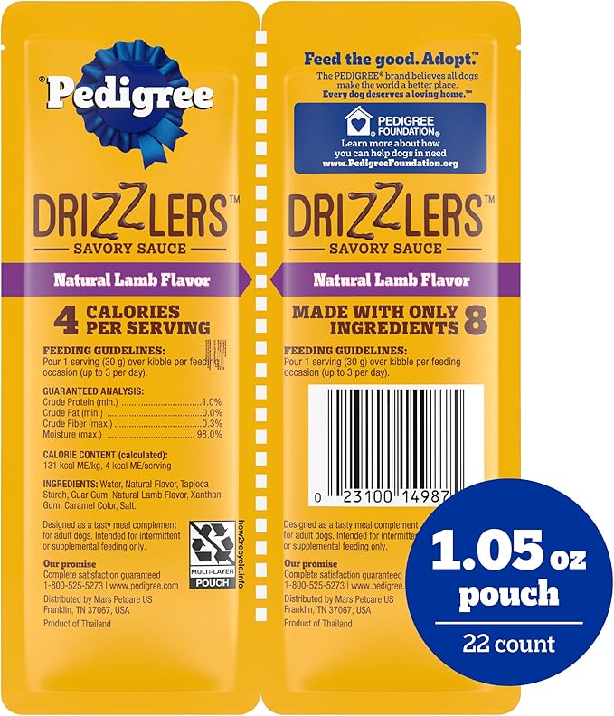 Pedigree Drizzlers for Dogs, Wet Dog Food Gravy Savory Sauce, Natural Lamb Flavor, 60g Dual-Serving Pouch (22 Count, 44 Servings Total)