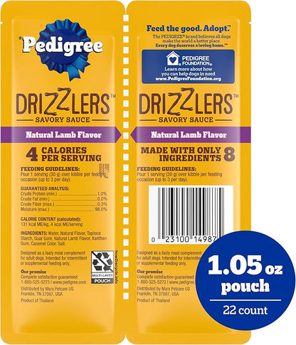 Pedigree Drizzlers for Dogs, Wet Dog Food Gravy Savory Sauce, Natural Lamb Flavor, 60g Dual-Serving Pouch (22 Count, 44 Servings Total)