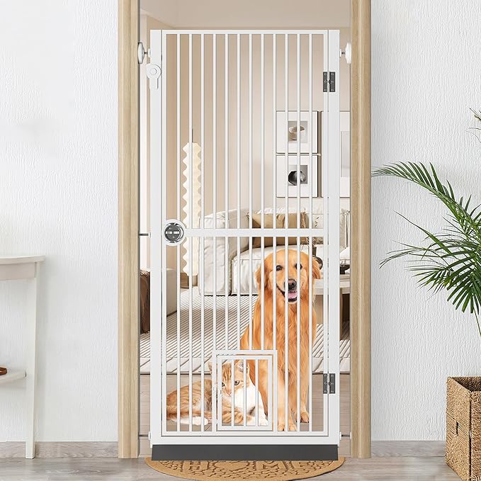 61" Extra Tall Cat Gate for Doorway, 30.2"-32.6" Adjustable Wide Dog Door with Cat Door, 1.37" Gap for Pet Gates, Suitable for Doorways or Kitchen, No Drilling Pressure Mount Kit, White