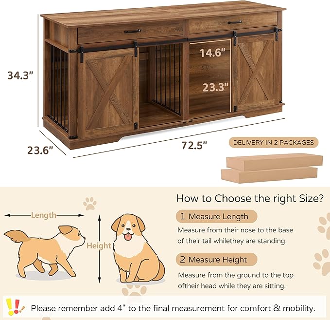 72.5" XXL Wooden Double Dog Crate Furniture for 2 Large Breeds, Farmhouse Barn Door, Removable Divider, Water Resistant with Built-in Drawers, Home Decor Pet Kennel, Rustic Oak
