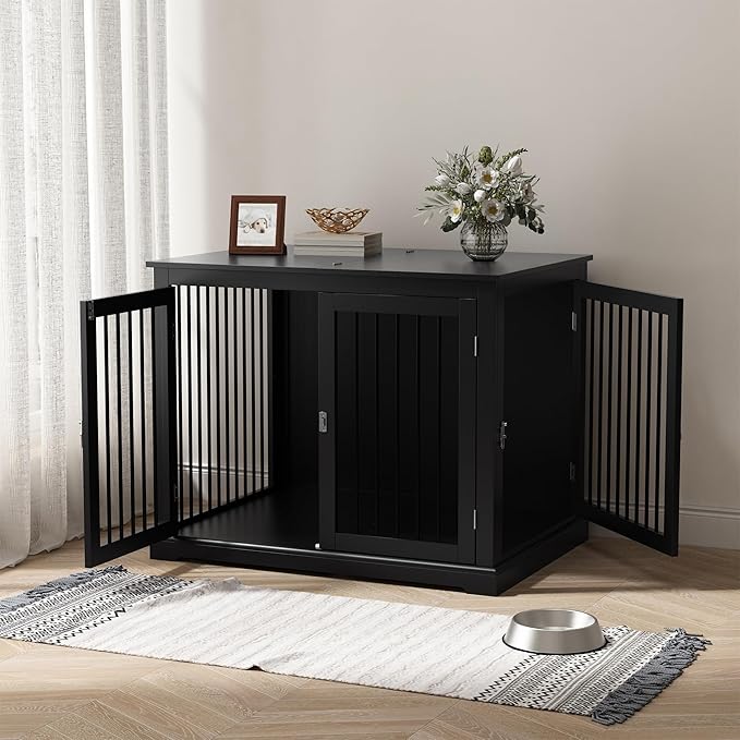 PUPETPO Large Dog Crate Furniture, Wooden Dog Kennel with Cushion, Dog Crate End Table Large, Indoor Dog Kennel, Modern Decorative Dog Crates with Flip Top, Chew-Proof Metal Bars, Black