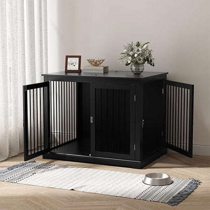 PUPETPO Large Dog Crate Furniture, Wooden Dog Kennel with Cushion, Dog Crate End Table Large, Indoor Dog Kennel, Modern Decorative Dog Crates with Flip Top, Chew-Proof Metal Bars, Black