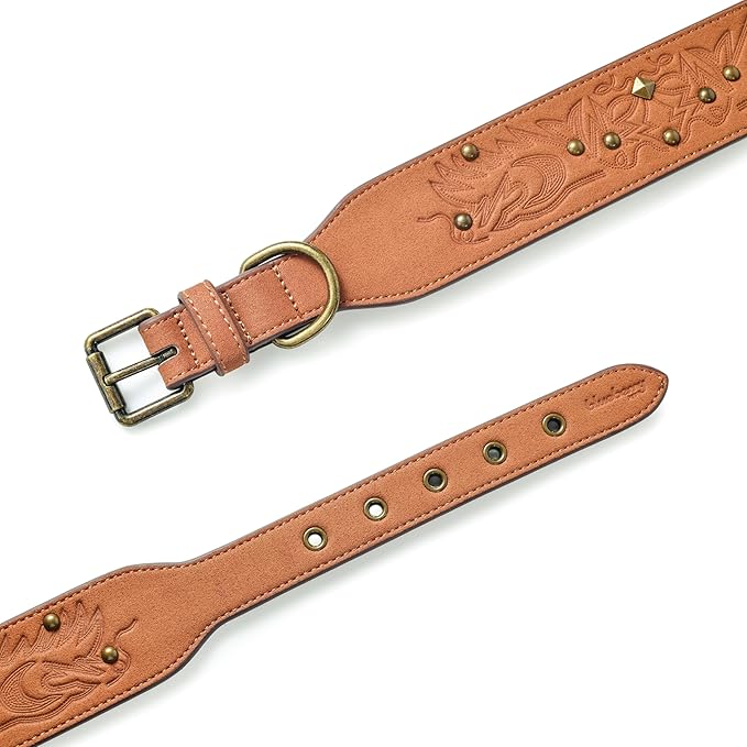 Blueberry Pet Premium Embossed Silver-Powered Freshness Microfiber Suede Leather Dog Collar in Saddle Brown