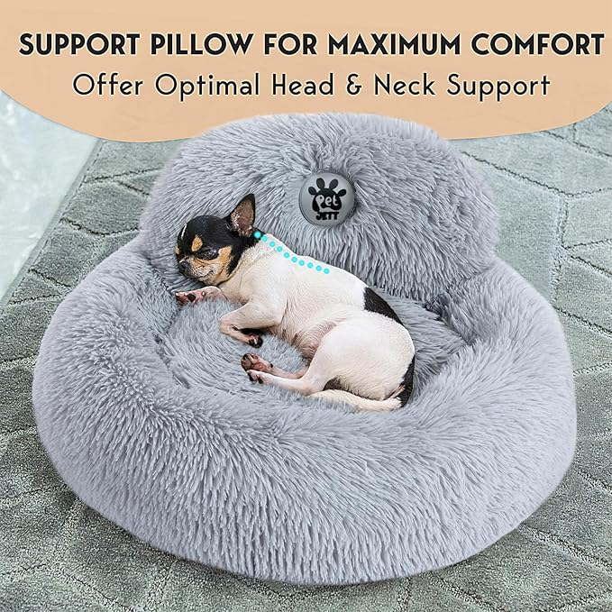 PetJett Small Dog Bed - 23'' Round Dog Beds, Calming Puppy Bed - Anti-Slip & Washable Super Soft Fluffy Plush Faux Fur Pet Bed, Anti-Anxiety Premium Comfort Donut Bed,Fits Dogs upto 25 lbs,Bright Gray