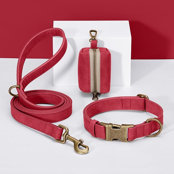 Didog Soft PU Leather Dog Collar, Stylish Quick Released Dog Collars for Small Dogs, Easy Clean Adjustable Pet Collar for Daily Walking, Red, S Fit 10-15" Neck
