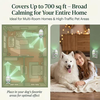 Dog Calming Pheromone Diffuser Kit, Pet Diffuser for Stress Support, Reduces Stress and Promotes Relaxed Behavior, 2 Plug-in & 4 Packs Refill, 120 Day Supply (Non-Toxic, Safe & Inedible), with Light