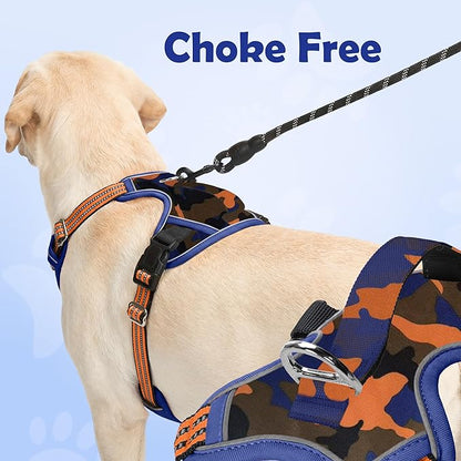 Funfox Dog Harness No Pull, Adjustable Pet Vest Harness, Super Soft Material with Vertical Handle Easy Control, Reflective Night Walking, 2 Leash Clips for Small Sized Dogs, Camo Orange, S