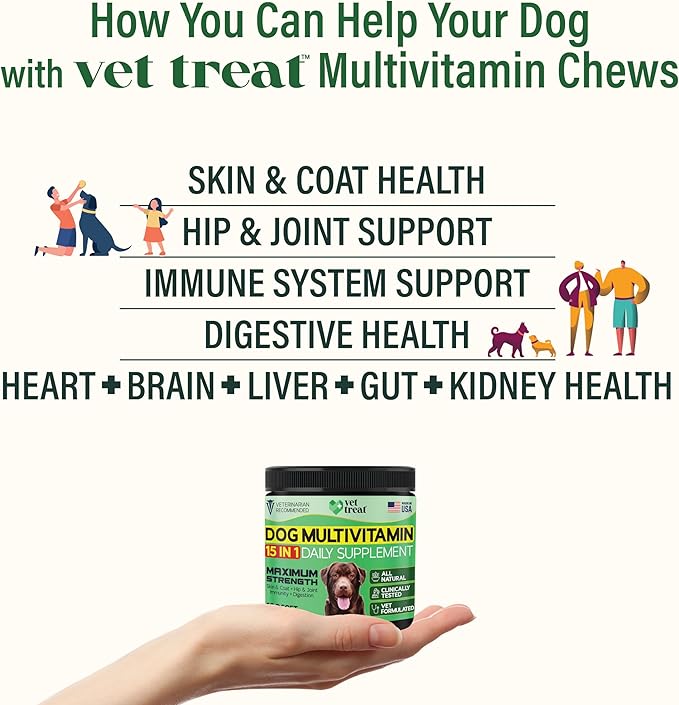 VET TREAT Dog Multivitamin Chewable with Glucosamine & Salmon Oil – Made USA – Puppy & Senior Supplement – 120 Chews– Daily Wellness Support for Joints, Immune System, Skin & Coat, Heart & Digestion