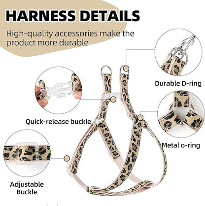 Mile High Life Leopard Dog Harness Collar Leash Set, Adjustable No Pull Dog Halter Harness for Small Breed Dogs, Easy Control for Training Walking (Beige, M Chest 15"-21", Neck 13"-17")