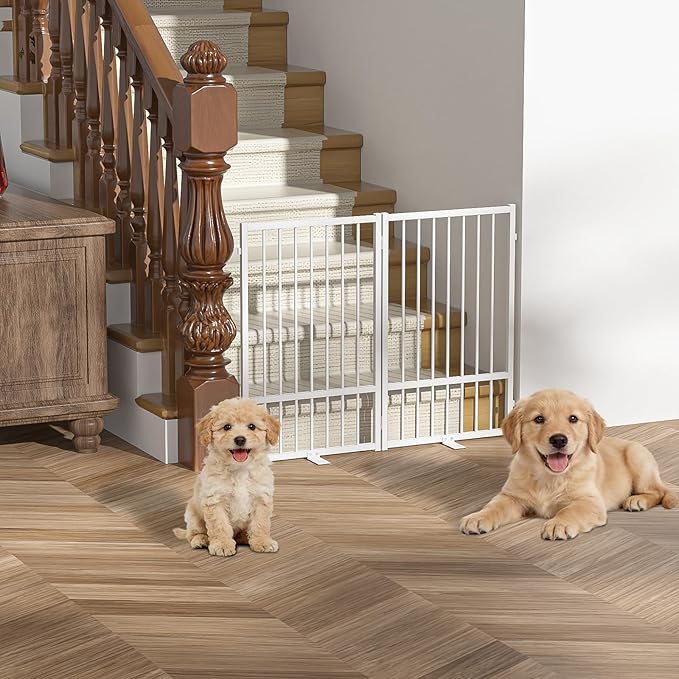 SNUOWU Full Metal Freestanding Dog Gate with Door, 32''Height Foldable Pet Dog Fence for Indoor & Outdoor, 2 Panels Extra Wide Free Standing TallDog Gates for Doorways,House,Stairs,Porch,Deck,Yard