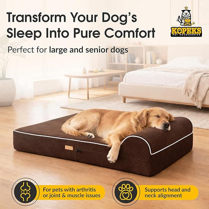 KOPEKS Orthopedic Memory Foam Dog Bed 7" Inch Thick Extra Large Dog Bed With Pillow Brown 50"x34"x10" Includes Waterproof Liner & Durable Removable Cover With Smart Design