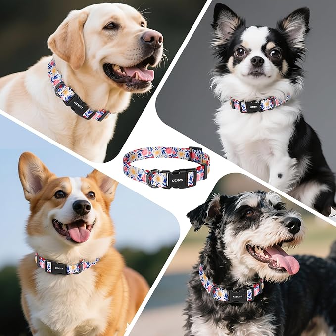 Kazazoo Dog Collar Cute and Soft Nylon Puppy Collar Girl, Adjustable Dog Collars for Medium Large Dogs, Blue and Pink Flowers-L