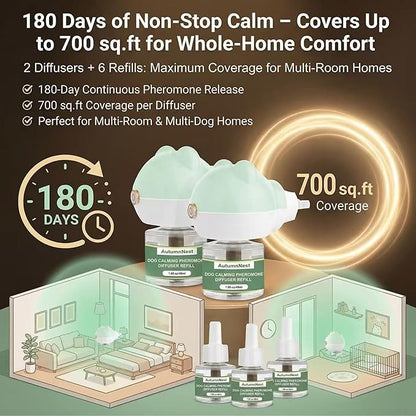 Calming Diffuser for Dog, Pheromone Plug-in Set (2 Diffusers & 6 Refill 48ml) for Dog Anxiety Relief, Reduces Barking, Aggression, Destructive Behavior, Fireworks Fear, 180-Day Dogs Calming Diffuser