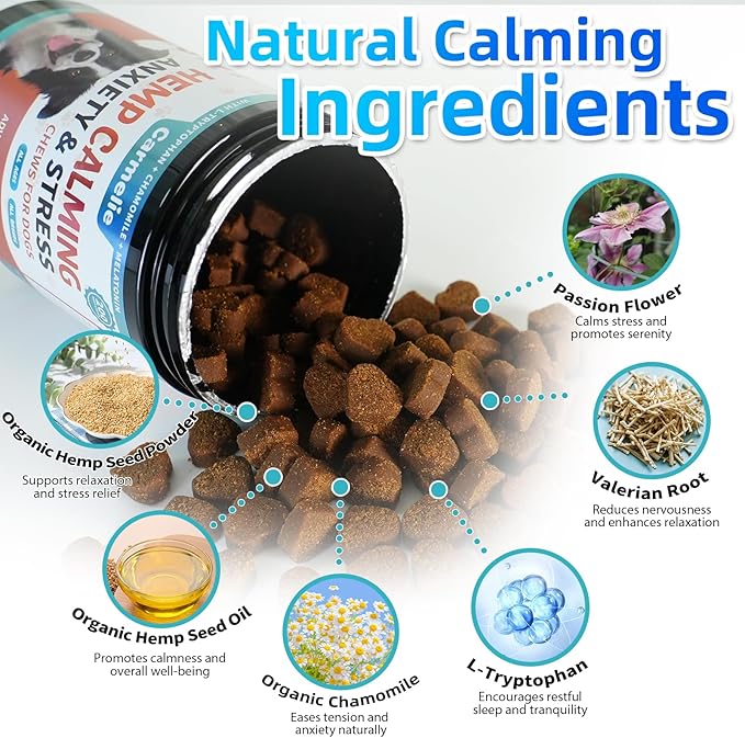 Carmelie Hemp Calming Chew for Dog - 200 Chews Dog Calming Treats -Dogs Anxiety & Stress Relief Valerian Root Chamomile Melatonin for Separation, Barking, Stress & Slee- Chicken Flavor