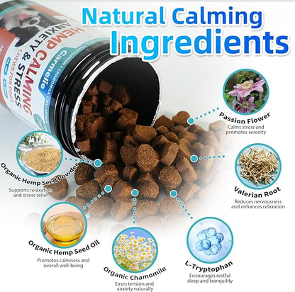 Carmelie Hemp Calming Chew for Dog - 200 Chews Dog Calming Treats -Dogs Anxiety & Stress Relief Valerian Root Chamomile Melatonin for Separation, Barking, Stress & Slee- Chicken Flavor