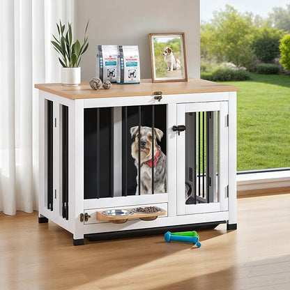 31.5" Dog Crate - Wooden Dog Kennel Furniture with 360° Rotating Feeder & Removable Tray | Indoor Multi-Functional End Table for Medium & Small Dogs, Light Walnut Dog Cage, Portable Pet Crates