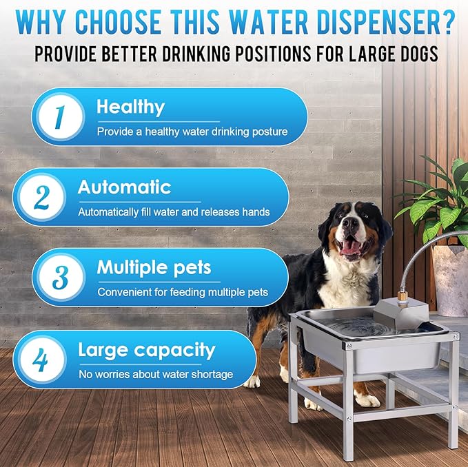 3Gal Automatic Dog Water Bowl Dispenser for Large Dogs Outdoor Elevated Dog Water Bowl with Stand, Stainless Steel Pet Waterer with Float Valve for Large Breed Goat Livestock