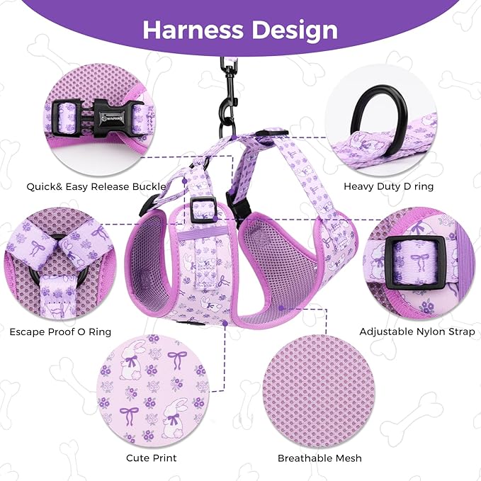 Dog Harness and Leash Collar Set with Dog Poop Bag Holder and Bandanas, Escape Proof Adjustable Puppy Cat Vest with Soft Mesh Padded, Pet Supplies for Small Medium Large Dogs Kitten(Purple, L)