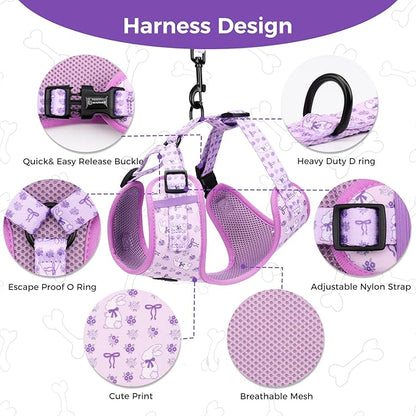Dog Harness and Leash Collar Set with Dog Poop Bag Holder and Bandanas, Escape Proof Adjustable Puppy Cat Vest with Soft Mesh Padded, Pet Supplies for Small Medium Large Dogs Kitten(Purple, M)