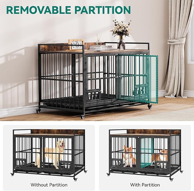 YITAHOME 37.5'' Heavy Duty Dog Crate with Removable Divider, Double Doors & Locks Design, Furniture Style Large Dog Crate with 360° Rotatable Dog Bowls & 360° Wheels & 2 Trays for Small Dog