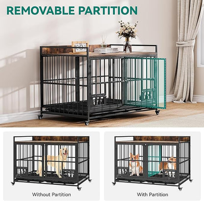 YITAHOME 37.5'' Heavy Duty Dog Crate with Removable Divider, Double Doors & Locks Design, Furniture Style Large Dog Crate with 360° Rotatable Dog Bowls & 360° Wheels & 2 Trays for Small Dog