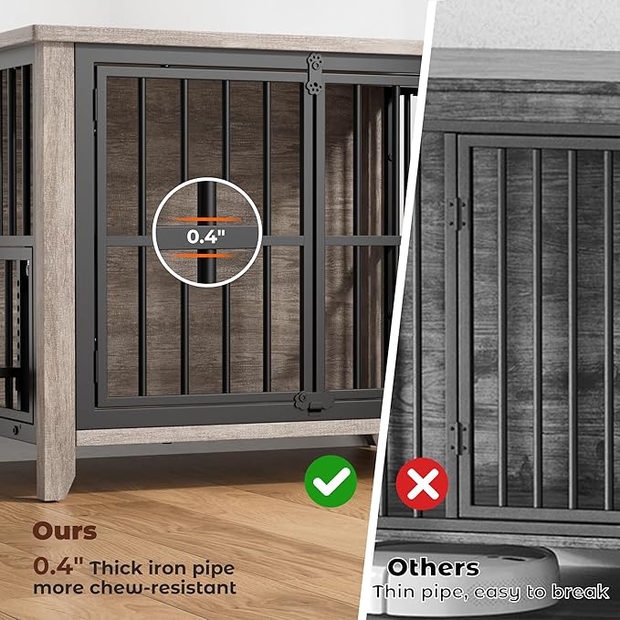 Lulive Dog Crate Furniture, Wooden Dog Kennel Indoor with Adjustable 360°& Height Dog Bowls, Double Doors Furniture Dog Crates End Table for Small/Medium 31.5" L*22.5" W*25.6" H, Grey