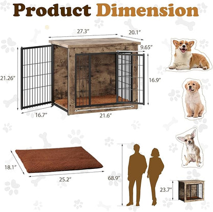 Dog Crate Furniture with Thick Cushion, Side End Table Wooden Dog Cage with Double Doors, Chew-Resistant Dog Kennel Dog House Indoor for Small to Large Dog