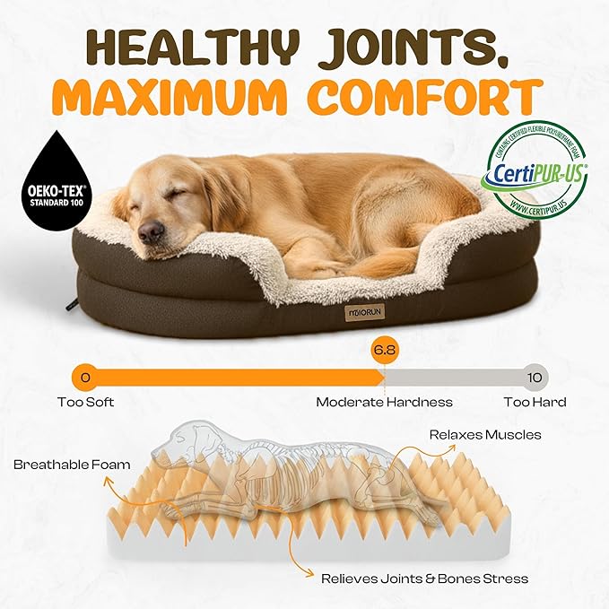 Fluffy Orthopedic Dog Bed for Small & Medium Dogs, Calming Plush Sofa Bed with Curved Bolster Support and Egg-Crate Foam Base, 35" Cozy Oval Pet Donut Bed with Washable Cover, Coffee