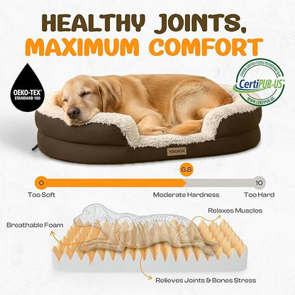 Fluffy Orthopedic Dog Bed for Small & Medium Dogs, Calming Plush Sofa Bed with Curved Bolster Support and Egg-Crate Foam Base, 35" Cozy Oval Pet Donut Bed with Washable Cover, Coffee