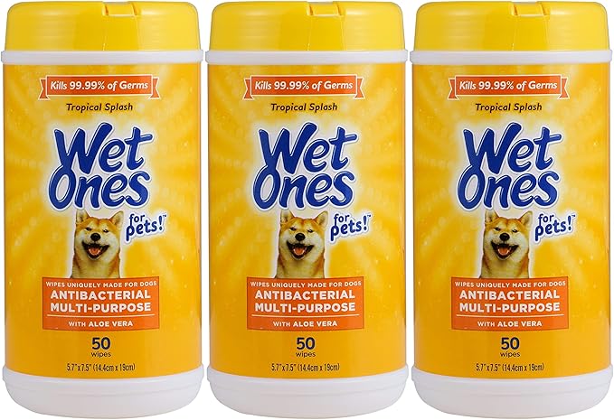 Wet Ones for Pets Antibacterial Dog Wipes, Multi-Purpose Grooming Wipes with Aloe Vera for Paws, Face & Body, Easy Cleanups Between Baths, Tropical Splash Scent, 5.7 in x 7.5 in, 50 Count - 3 Pack