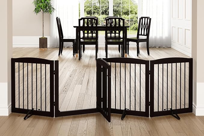 PUPETPO Freestanding Dog Gate with Door, Pet Gate for Stairs, 80 inch Wide Pet Barrier Indoor, Dog Fences Indoor, Support Feet Included, 4 Panels, 24" Tall, Dark Brown
