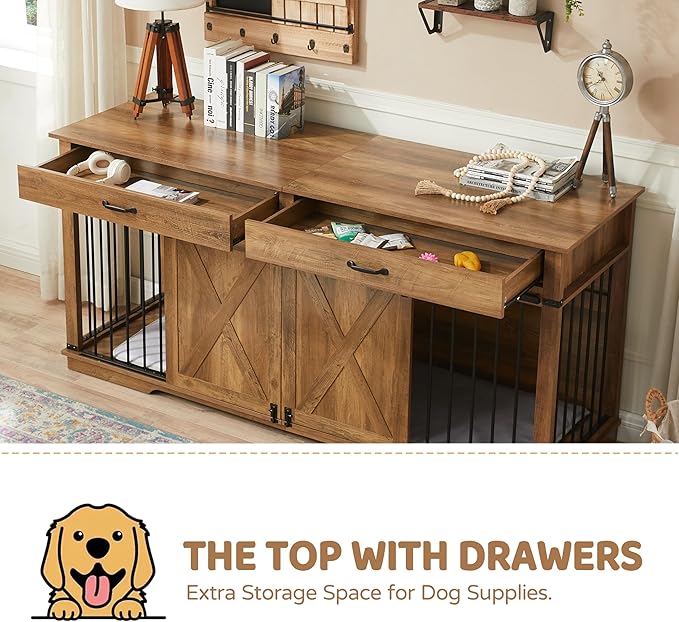 72.5" XXL Wooden Double Dog Crate Furniture for 2 Large Breeds, Farmhouse Barn Door, Removable Divider, Water Resistant with Built-in Drawers, Home Decor Pet Kennel, Rustic Oak