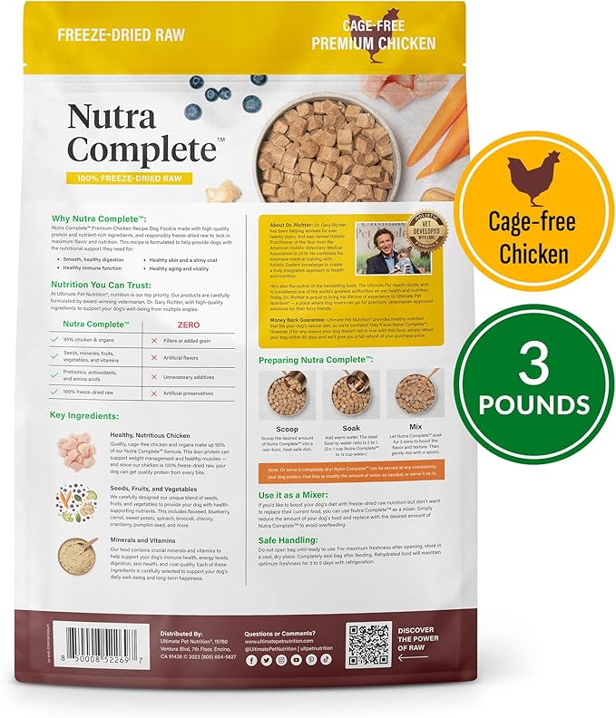 ULTIMATE PET NUTRITION Nutra Complete Freeze Dried Raw Dog Food, Veterinarian Formulated with Antioxidants, Prebiotics & Amino Acids (3 Pound, Chicken)