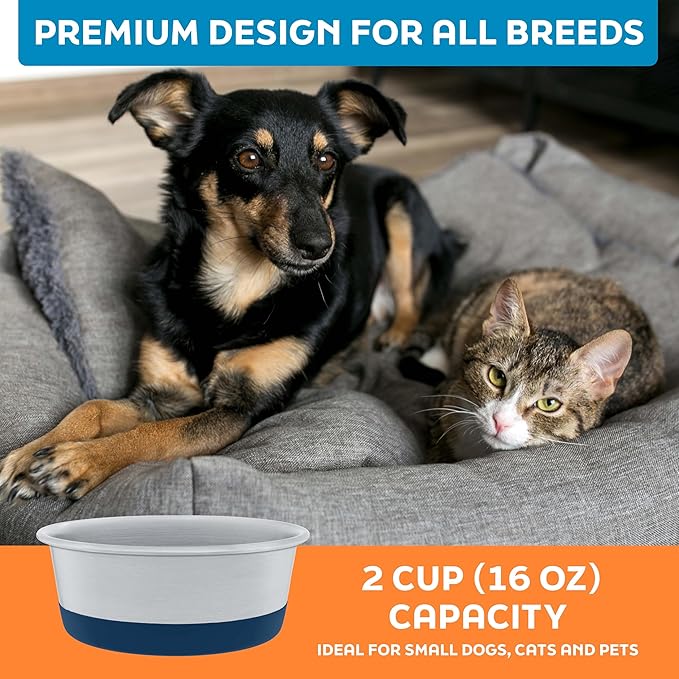 Master Pet Supply Stainless Steel Dog Bowls Set of 2 with Extra Thick Silicone Base - 2 Cup (16 oz) Navy Blue, Non-Slip, Dishwasher Safe Metal Bowls, Pet Dog Food Bowl for Dogs, Cats, Anti Rust
